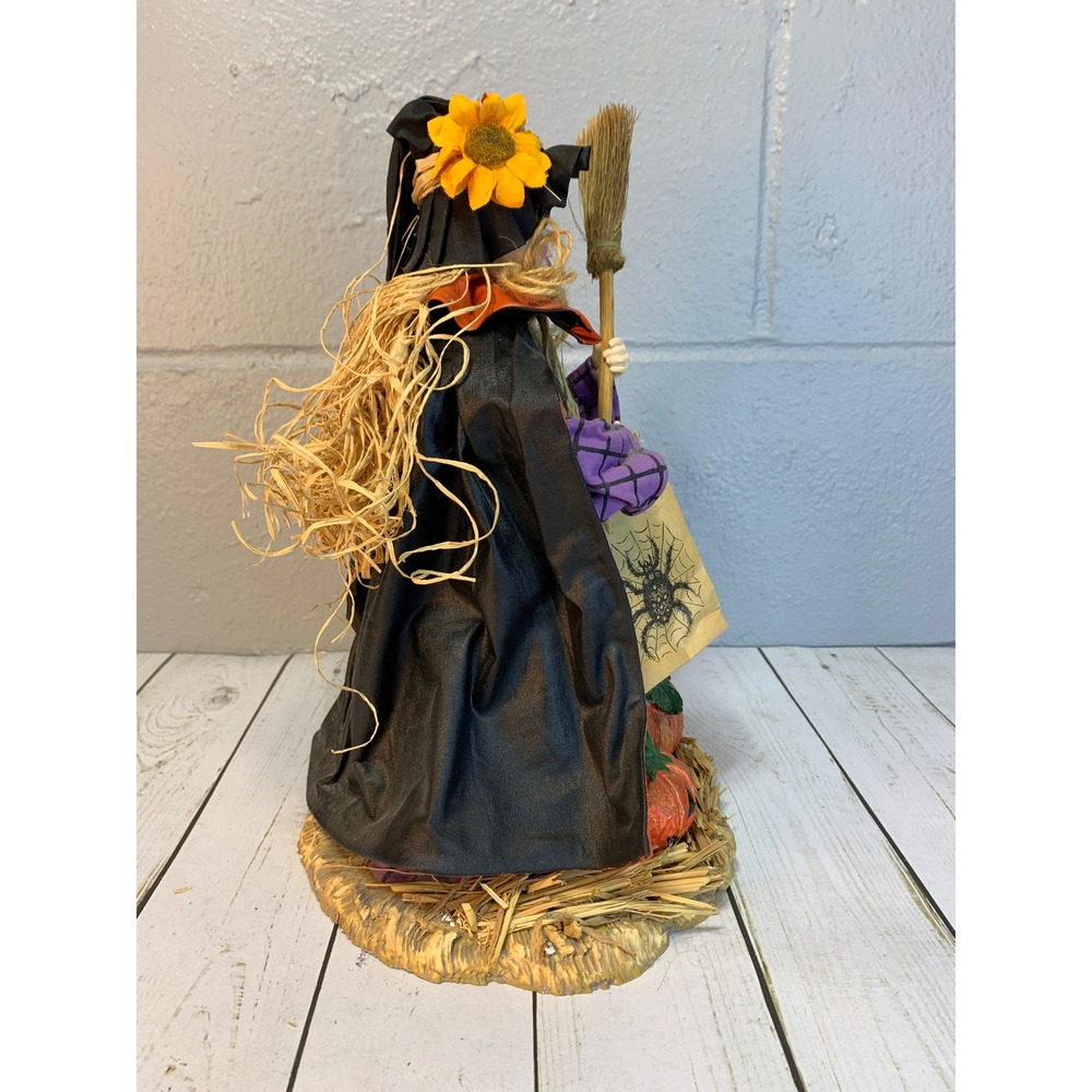 Vintage Halloween Witch Figurine with Broom, Pumpkins, & Spider Bag Decor - Picture 4 of 6
